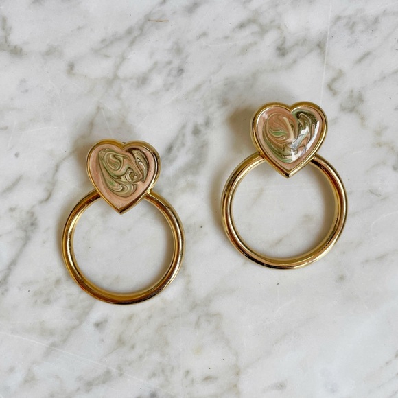 Vintage 80s Marbled Heart & Hoop Earrings - Picture 2 of 5
